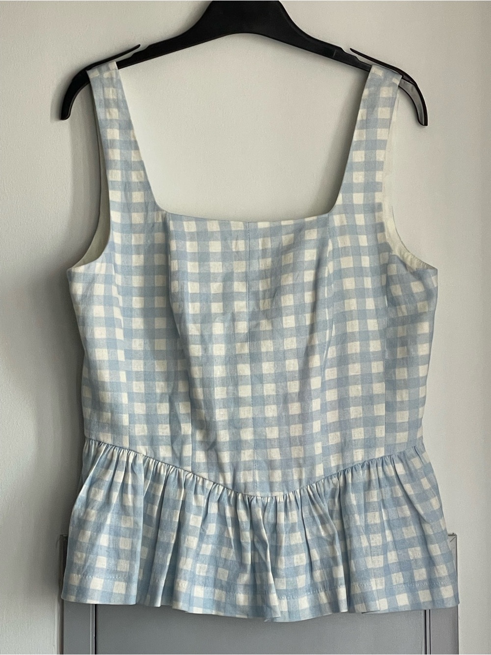 NWT AVEC LES FILLES Light Blue and White Gingham Linen Blend Peplum Top
